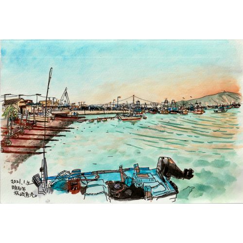 明石の漁港から見える漁船と明石海峡大橋を描いたごとうゆきの水彩画スケッチ