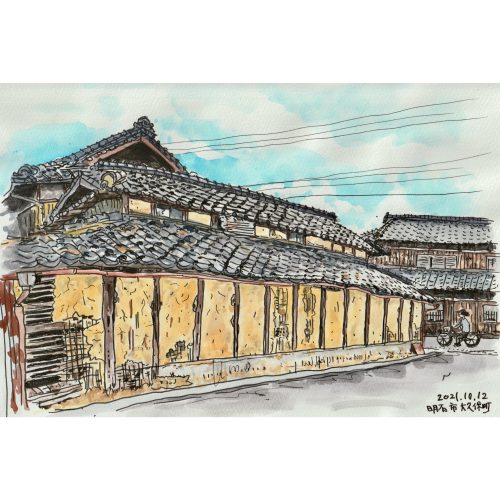 明石の旅スケッチ　土壁の見える古い日本家屋