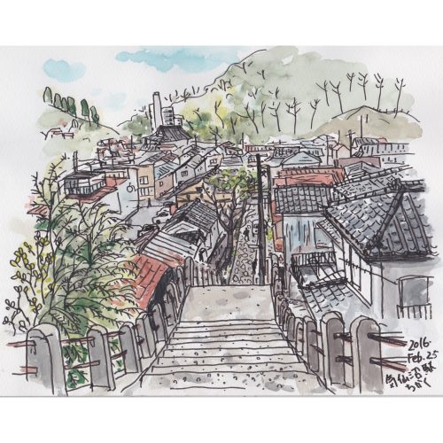 宮城県気仙沼市の旅スケッチ　坂の上から街を見下ろす
